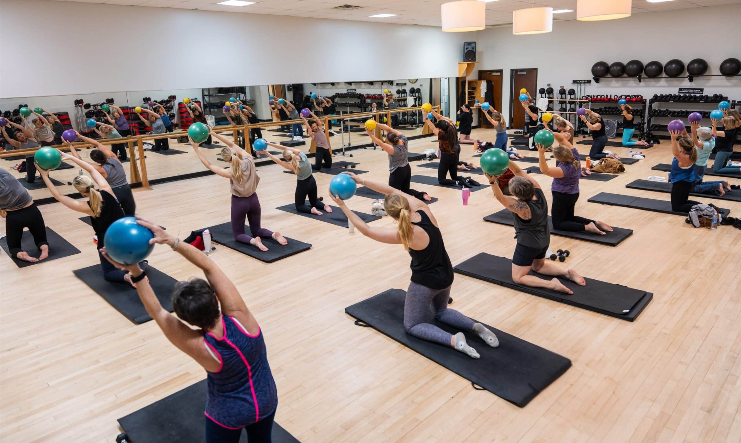 Group exercise class with fitness balls